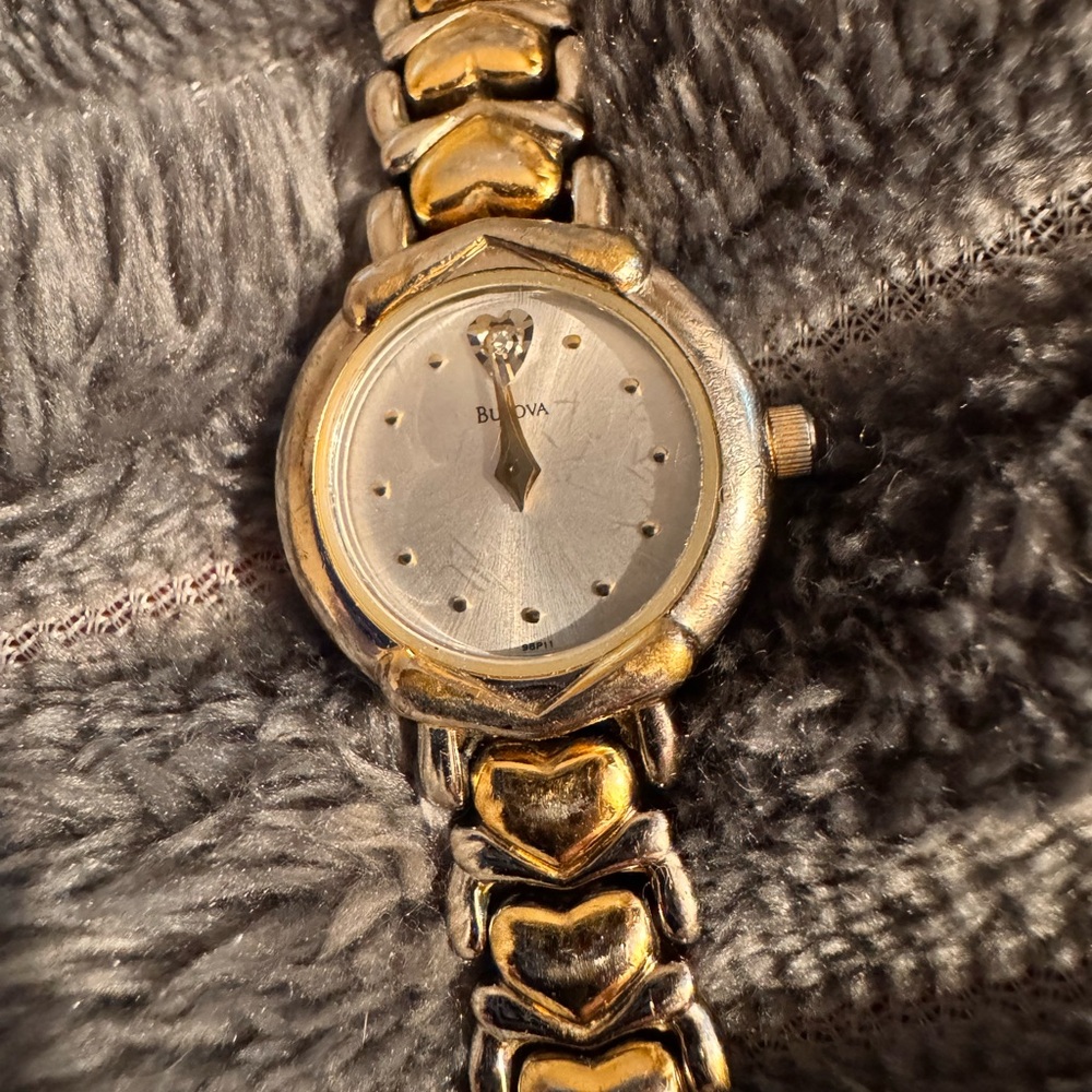 Vintage Bulova Two-Tone Heart Link Watch w/12 as Diamond